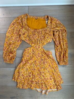 Free People Yellow Orange Floral Cutout Mini Dress